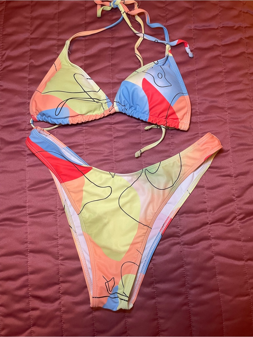 Womens Multicolor High Waisted Triangle Two Piece Thong Bikini Set Size Medium